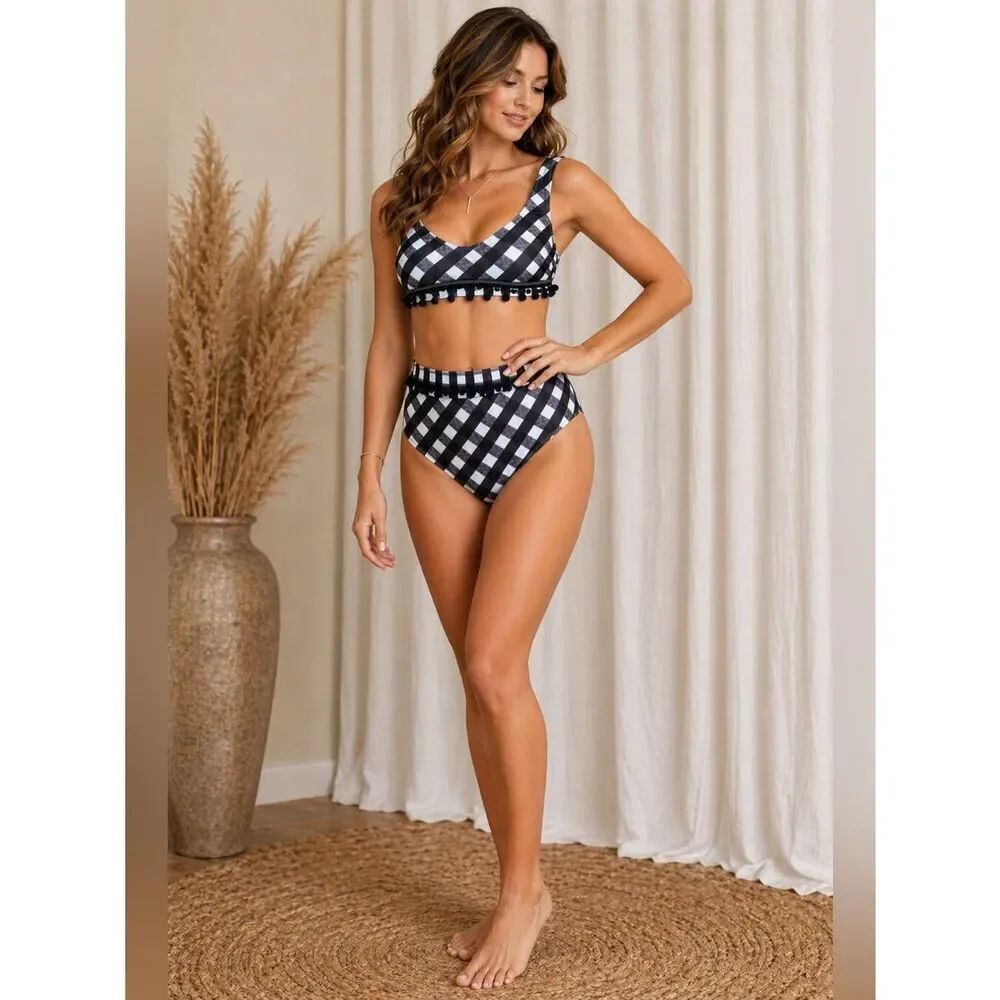 ASOS Swim Black White Gingham Bikini Set High Waisted Pom Pom Trim Size 4